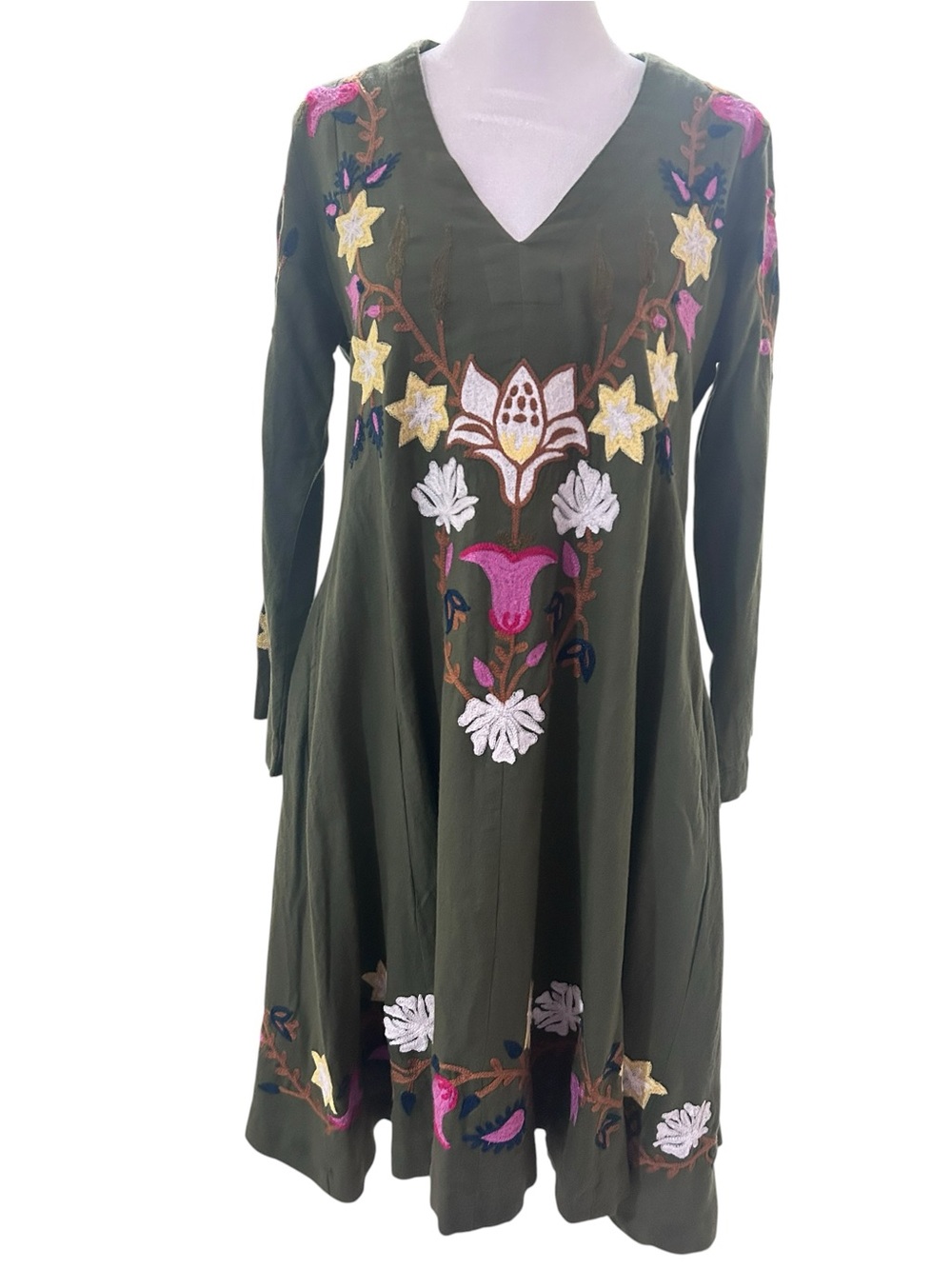 Anthropologie Roller Rabbit Mara Embroidered Floral Boho Dress Olive Green